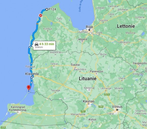 trajet du jour, on voit bien l'enclave russe de Kaliningrad entre la Lituanie et la Pologne.