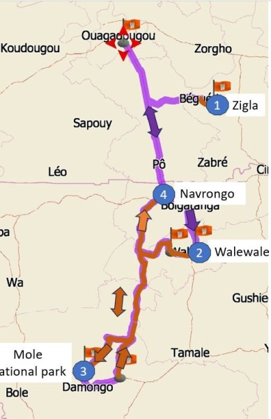 voici l'itinéraire complet de la semaine. en orange, la partie piste, le reste était goudronné. un total parcouru de 1348 km ce qui fait quand même 225 km par jour. c'est un peu trop… Sans retourner à Ouaga, j'aurait fait environ 120 km de moins.